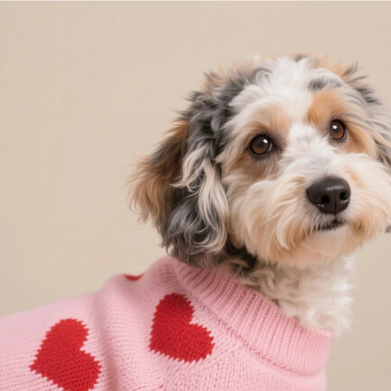 Close-up of the red heart knit pattern on the pink Sweetheart Dog Sweater