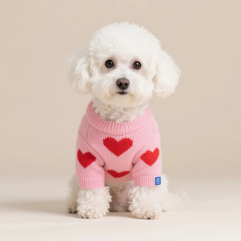White fluffy dog sitting in the pink Sweetheart Knit Dog Sweater