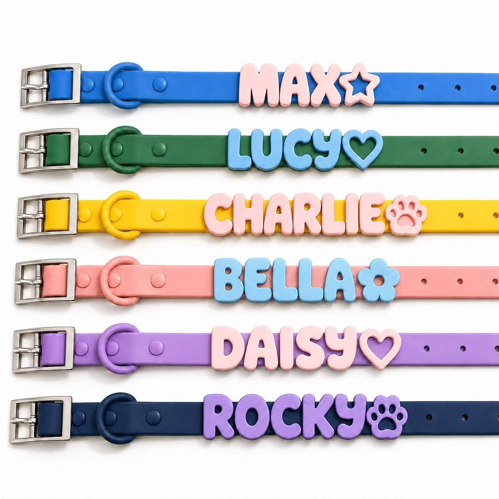 Letter-charm collars in six colors with names