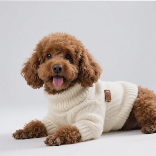 Poodle lying down in the cream Chunky Knit Turtleneck