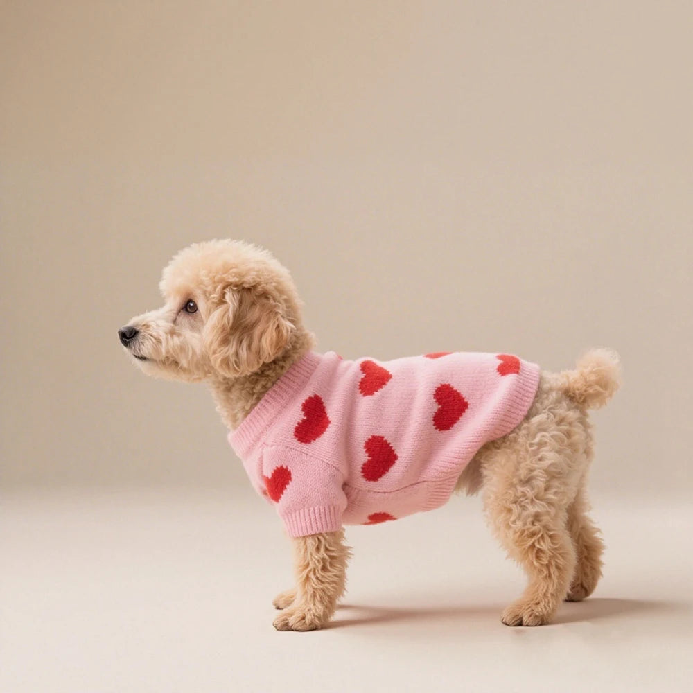 Apricot poodle in the Sweetheart Knit Dog Sweater, side view