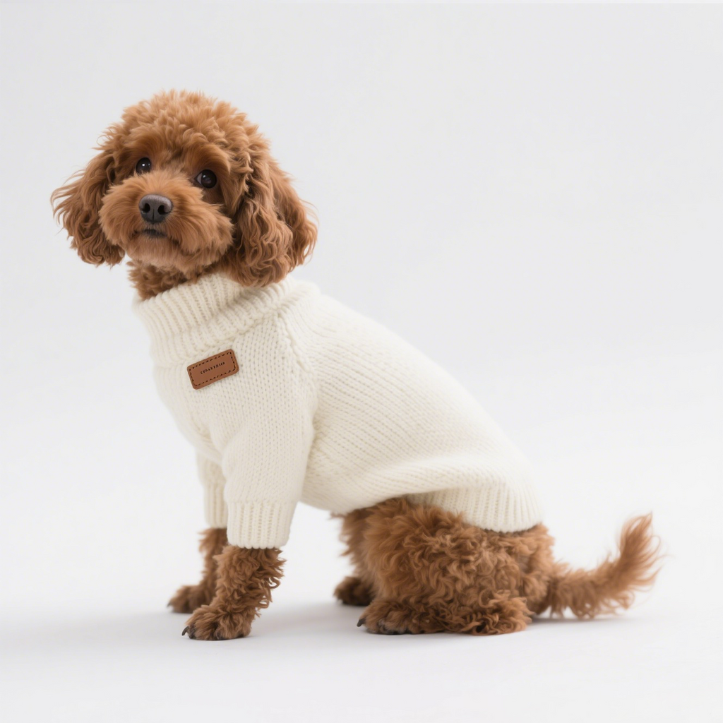 Poodle in the cream Chunky Knit Turtleneck, side view