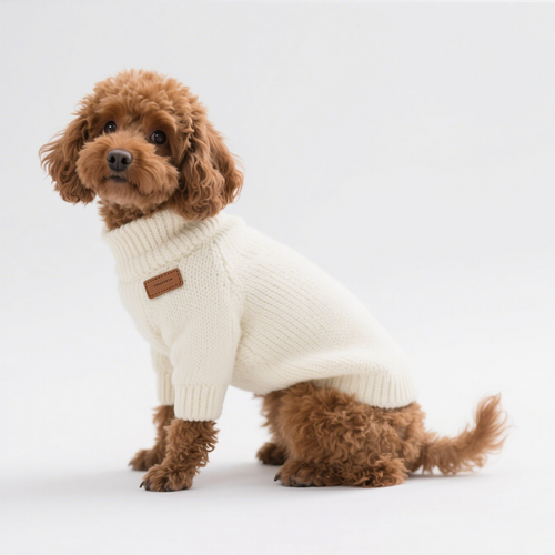 Poodle in the cream Chunky Knit Turtleneck, side view