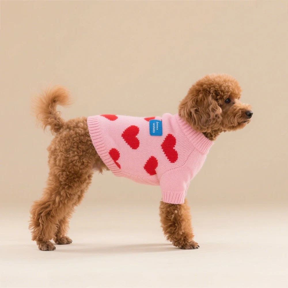 Toy poodle wearing the pink Sweetheart Knit Dog Sweater with red hearts