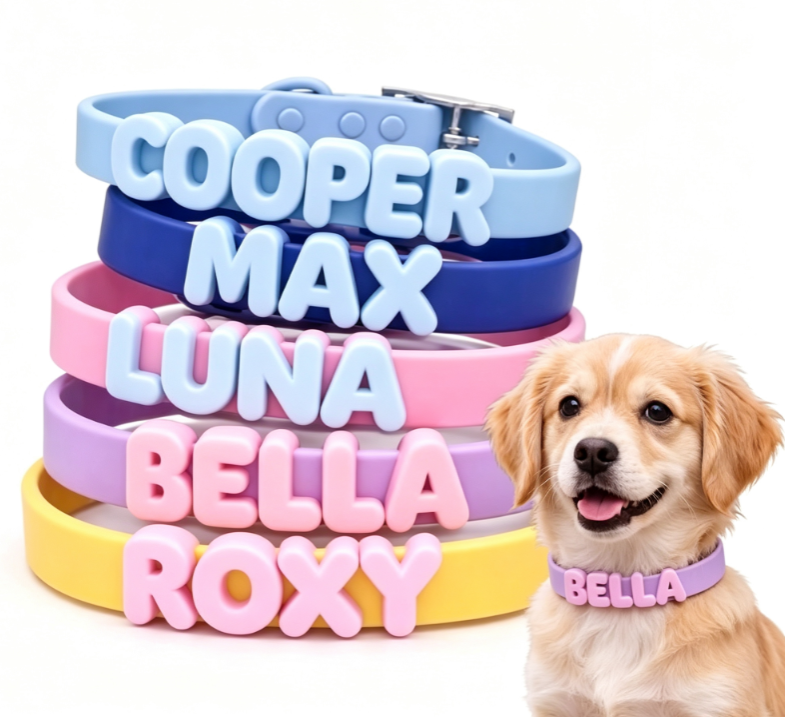 Stack of pastel letter-charm collars with dog names