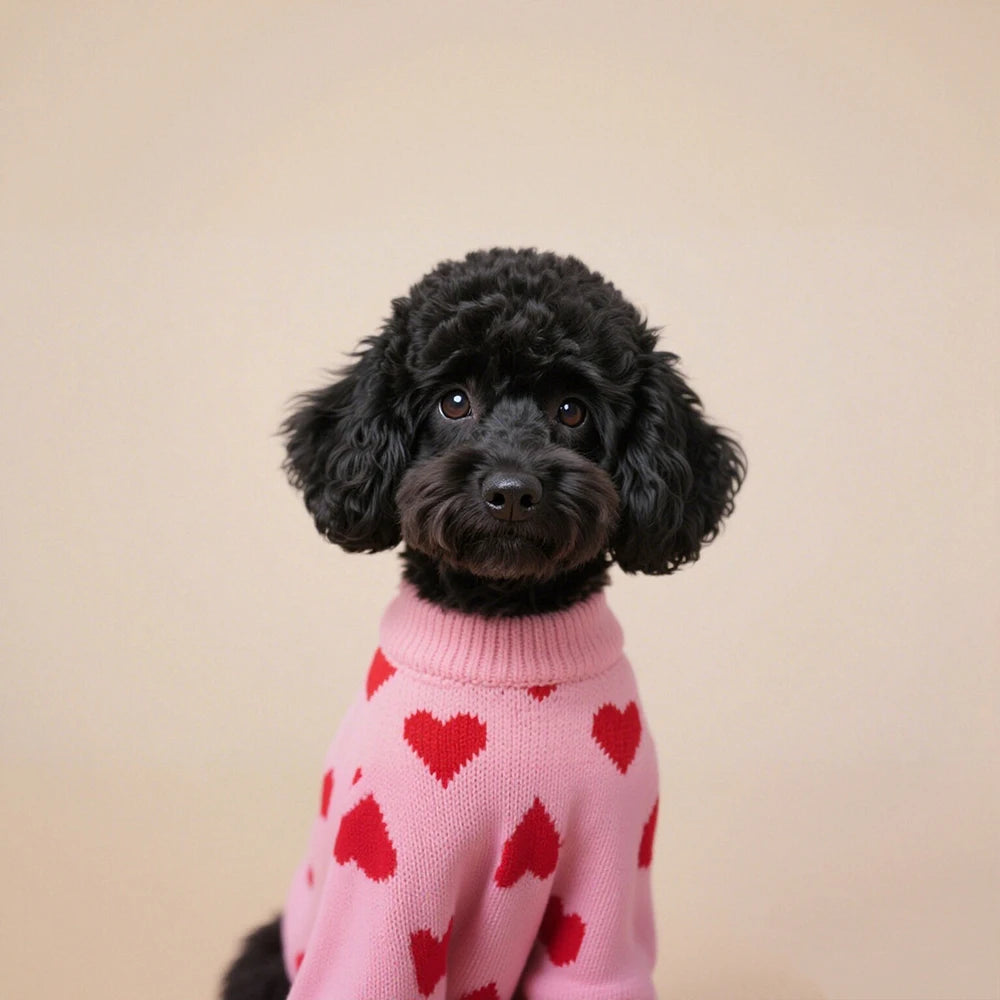 Black curly-coated dog wearing the pink heart dog sweater