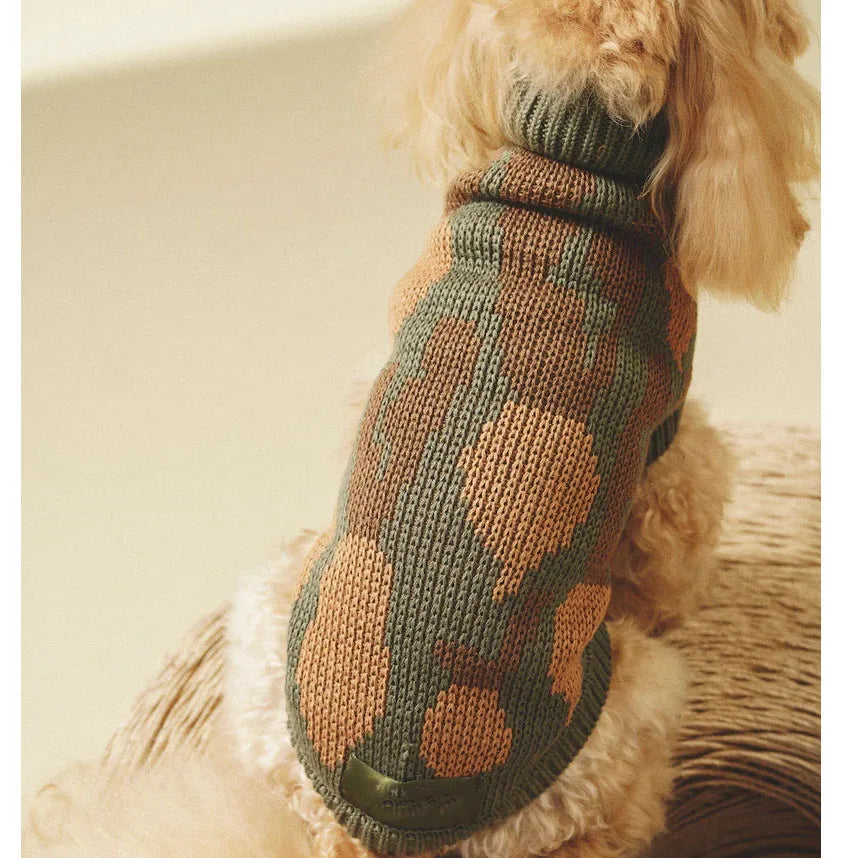Back view of the olive cotton turtleneck dog sweater showing the knit pattern