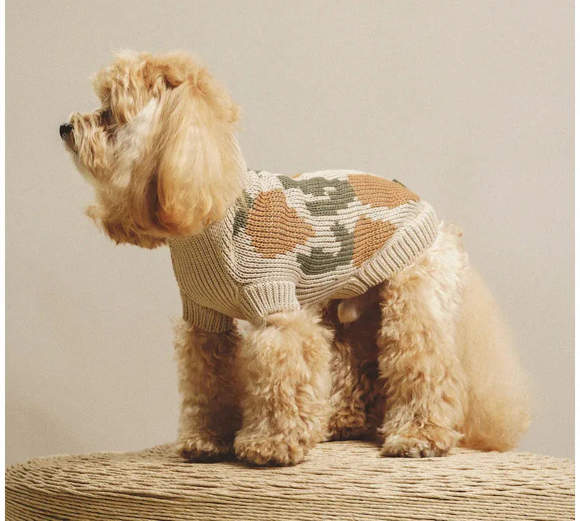 Small dog wearing the cream Peach Motif Cotton Turtleneck Dog Sweater