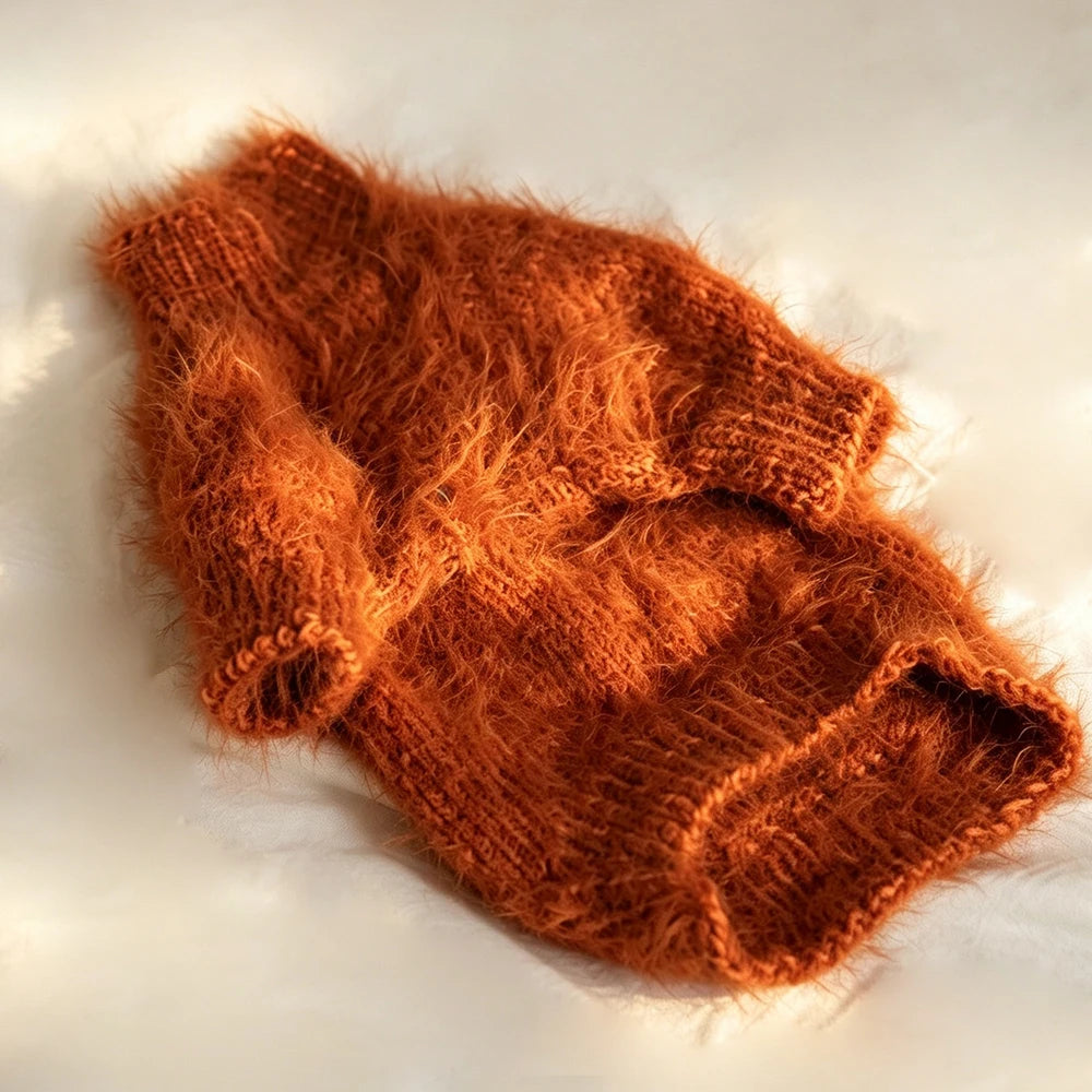 Fluffy Knit Dog Sweater in ginger laid flat