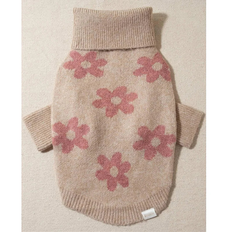 Taupe turtleneck dog sweater with pink flowers, laid flat