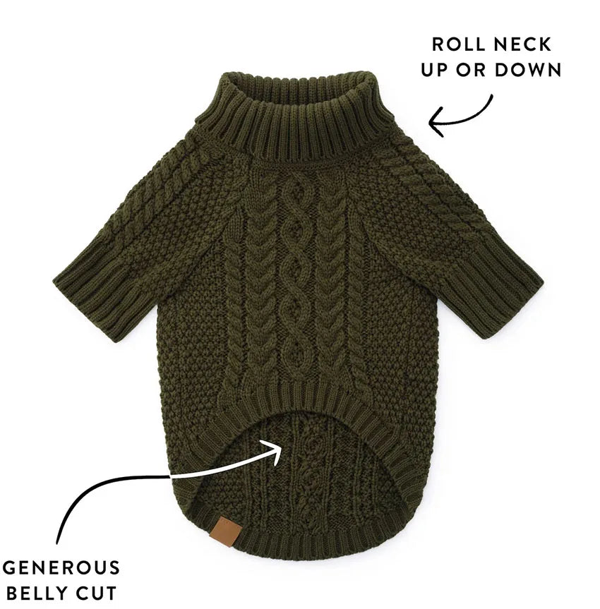Olive cable-knit turtleneck dog sweater laid flat, showing the roll neck and generous belly cut