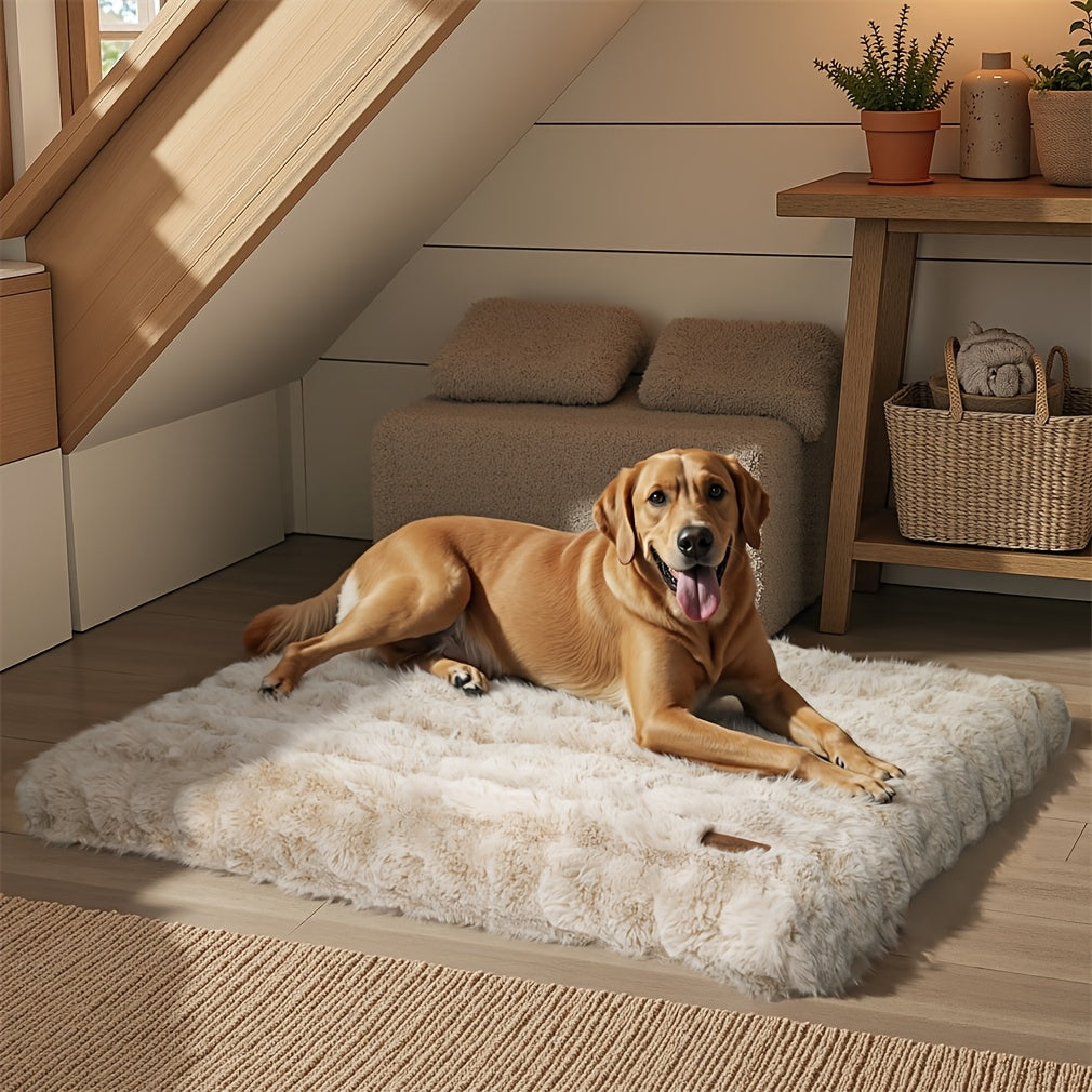 Golden retriever on the beige Plush Crate Bed