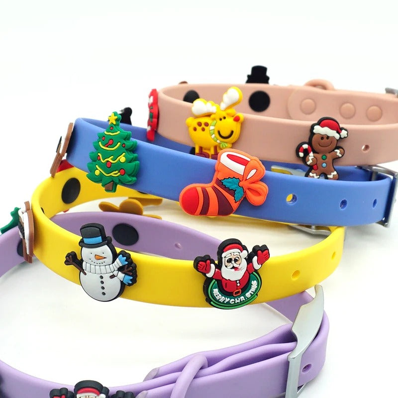 Christmas tree, stocking, gingerbread man, snowman and Santa charms on colorful dog collars