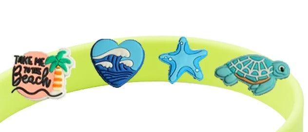 Beach-themed dog collar charms: Take Me to the Beach, ocean wave heart, starfish and sea turtle