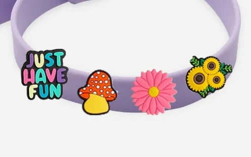 Dog collar charms: Just Have Fun, mushroom, daisy and sunflowers on a lavender collar