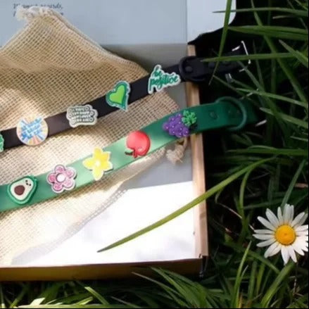 Fruit and flower dog collar charms on a green collar in the grass